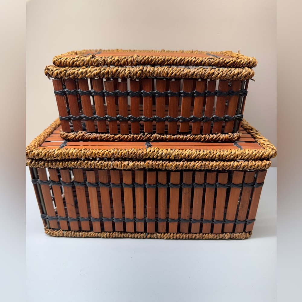 Vintage Bamboo Storage Box - Rustic Natural Style Woven Storage Basket Set of 2